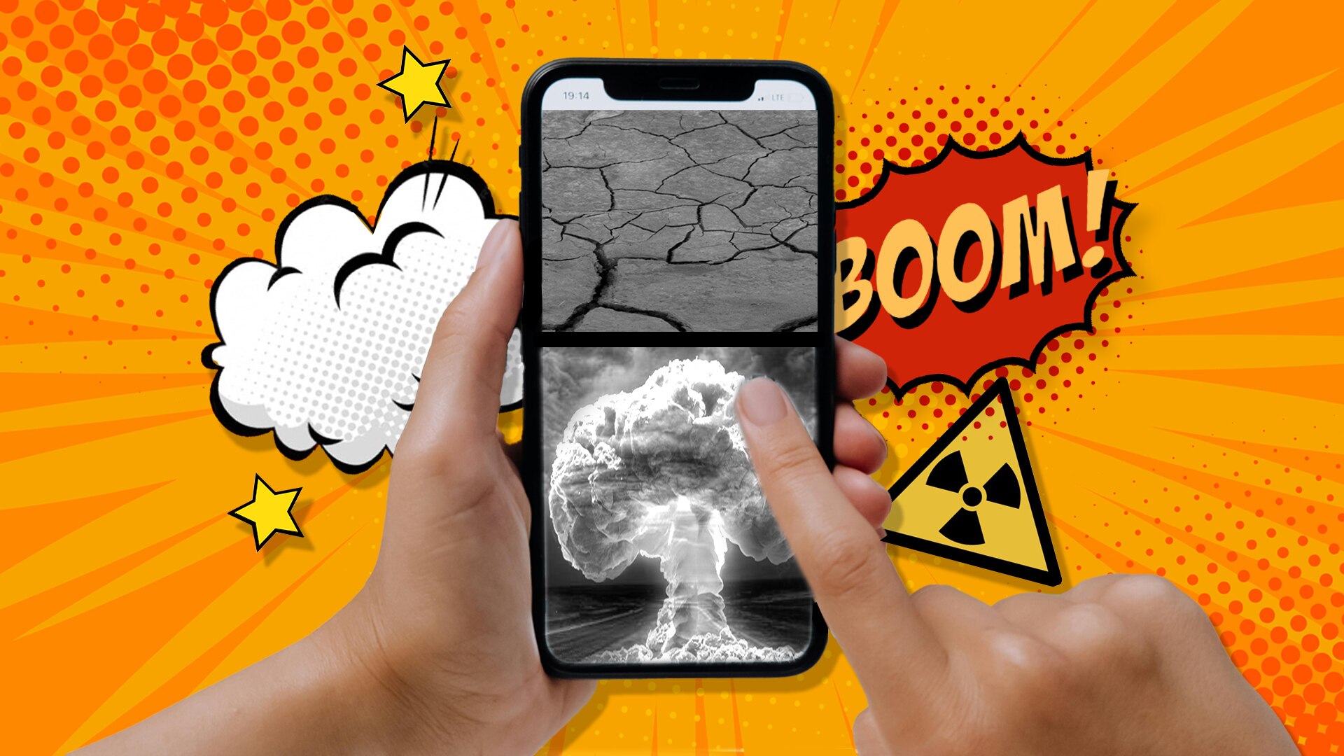 A hand scrolling over mobile phone with drought and nuclear cloud and pop art graphics of stormy weather, boom, nuclear symbol.