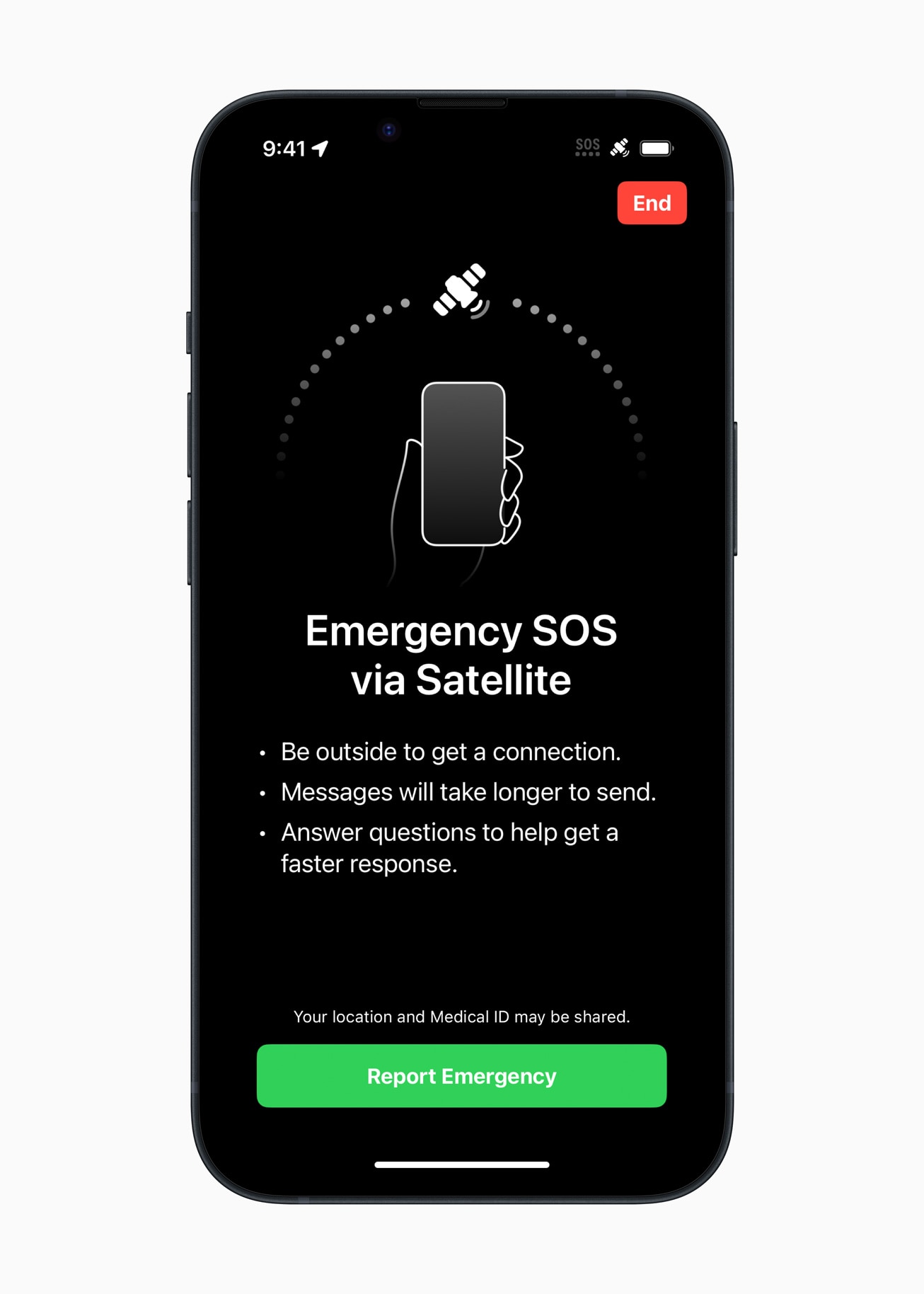An image of an Apple iPhone displaying an emergency SOS phone call advising the caller to be outside 