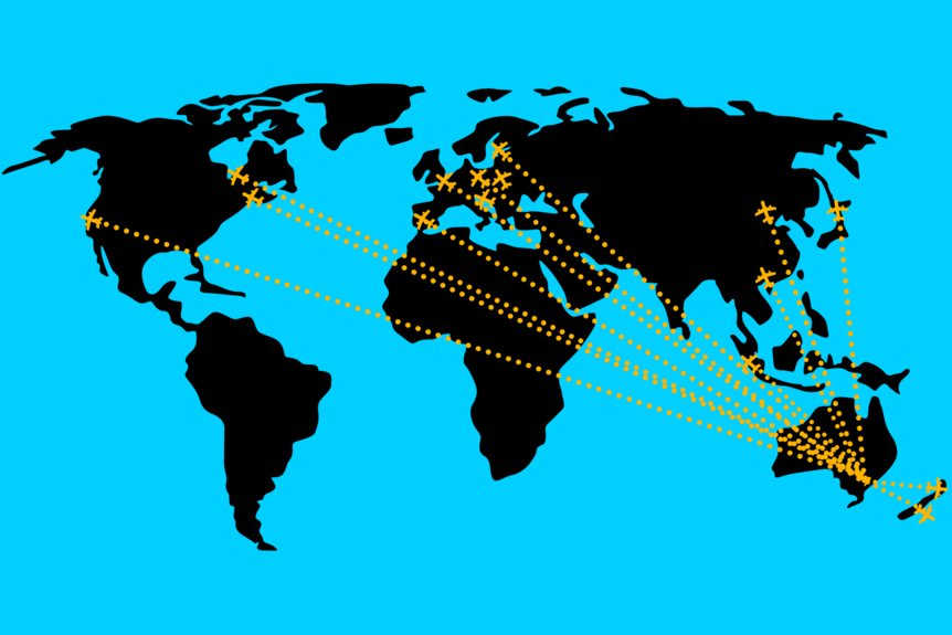 A map of the world with lines to where politicians travelled.