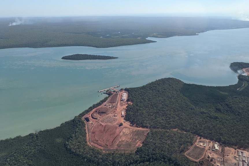 an aerial photo of Port Melville with the Apsley Strait in the background.