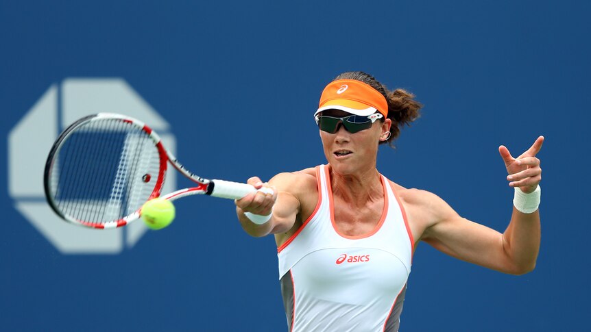 Australia's Samantha Stosur hits a return against Croatia's Petra Martic in round one of the US Open.