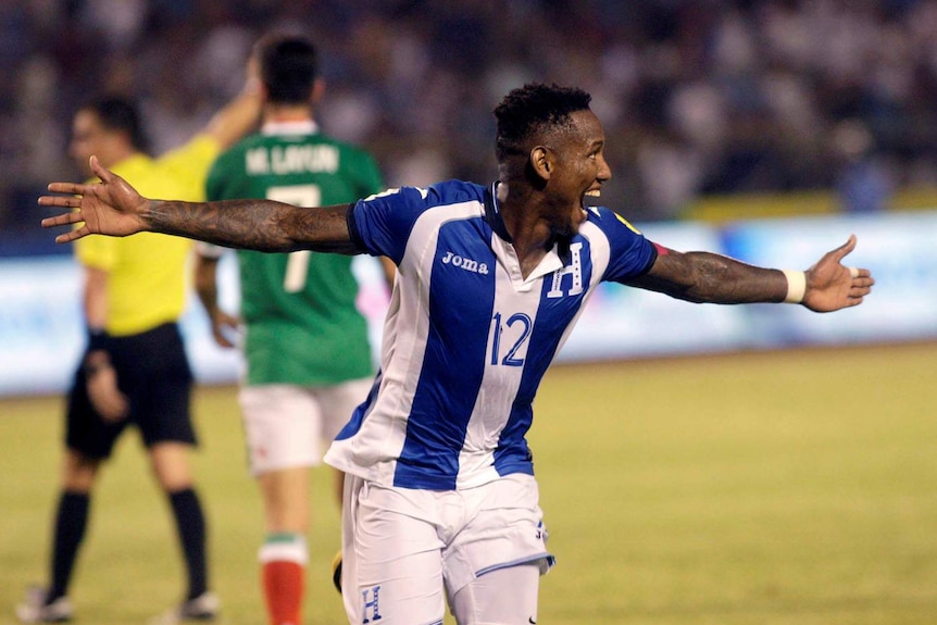 Honduras' Romell Quioto reacts after he scored his team's third goal.