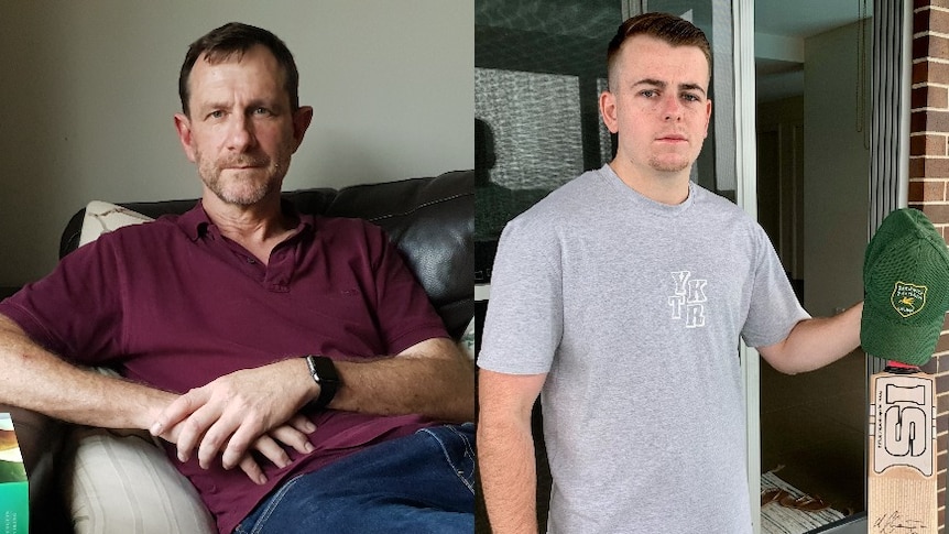 On the left, a man in a maroon shirt sitting on a black leather couch. On the right, a man holding a cricket bat and hat.