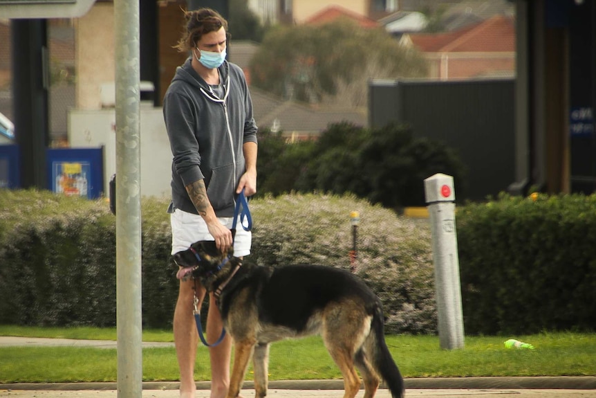 A man wearing a surgical mask and shorts pets a large dog.