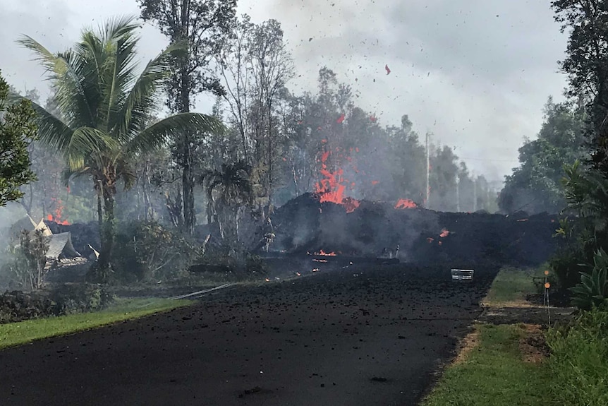 Lava spattering in a residential street