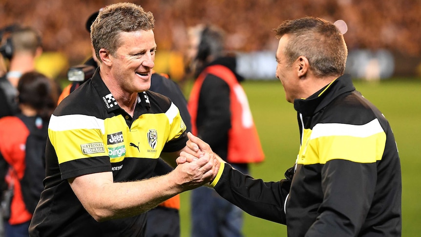 Richmond coach Damien Hardwick (L) after the Tigers' preliminary final win over GWS.
