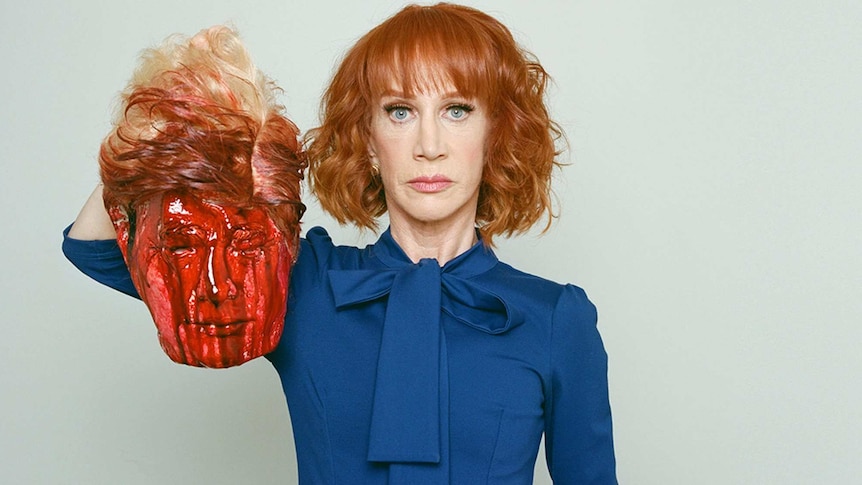 Kathy Griffin holds what appears to be the bloodied, decapitated head of Donald Trump.