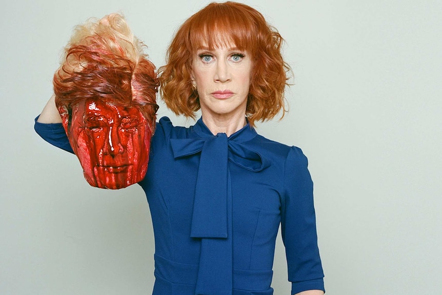 Kathy Griffin holds what appears to be the bloodied, decapitated head of Donald Trump.