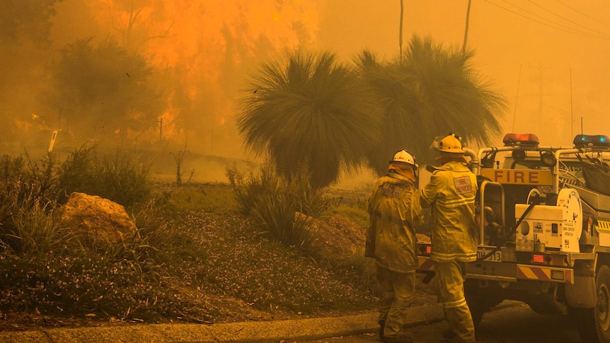 Firefighters battle the smoke haze in the Perth hills bushfire