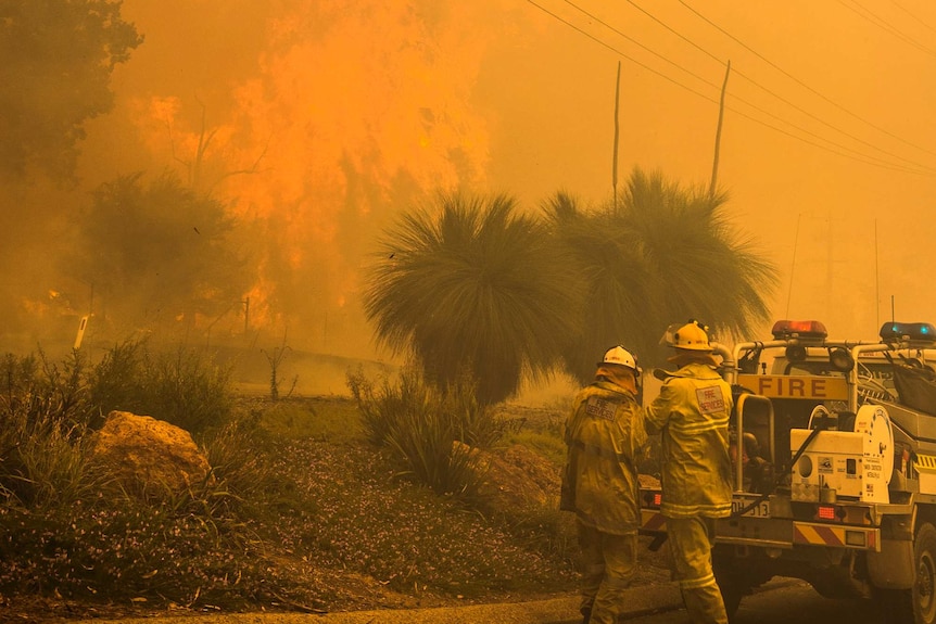 Firefighters battle the smoke haze in the Perth hills bushfire