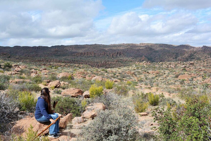A person sits looking out at Oak Flat in Arizona.