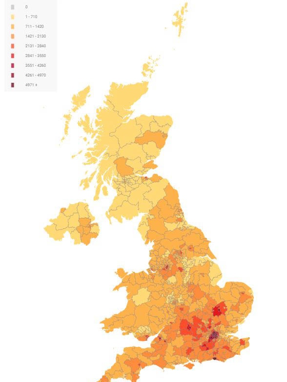 A map of votes for a petition for a second EU referendum.
