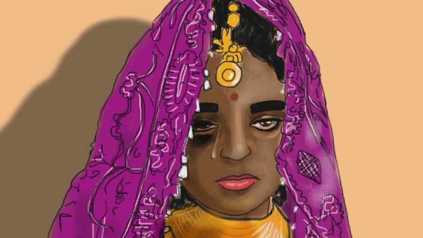 An illustration shows a woman, wearing a sari, with a black eye and crying.