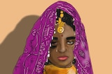 An illustration shows a woman, wearing a sari, with a black eye and crying.