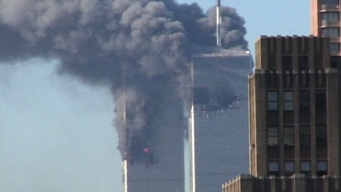 A still image from footage Christopher Gilbert shot of the World Trade Centre about 9.08am on September 11, 2001.