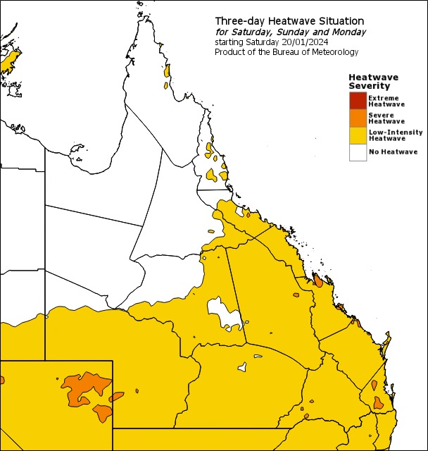 a heatwave map of queensland with most of central and southern areas highlighted