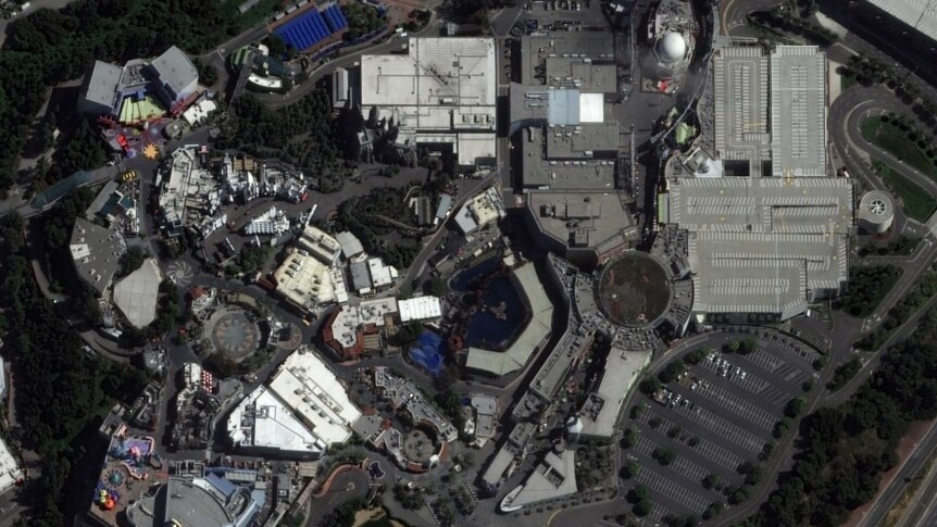 A satellite image showing the Universal Studios Hollywood theme park on March 22, 2020. It is mostly empty.