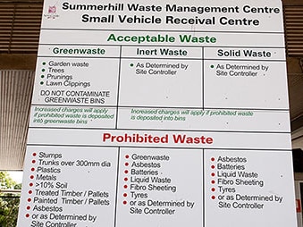 A sign listing acceptable and prohibited waste at the Summerhill Waste Management Centre.