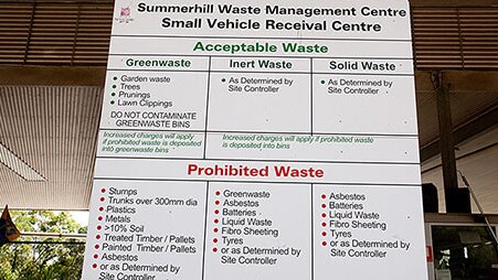 A sign listing acceptable and prohibited waste at the Summerhill Waste Management Centre.