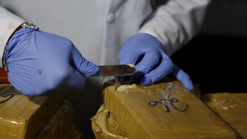 Police chemist removes a sample of cocaine from a brown package for testing.