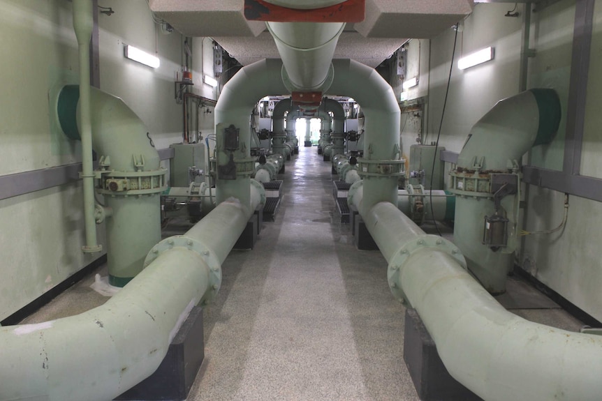 Some of the pipes that carry the water from pumps to tanks inside the treatment plant, 20 August 2014.