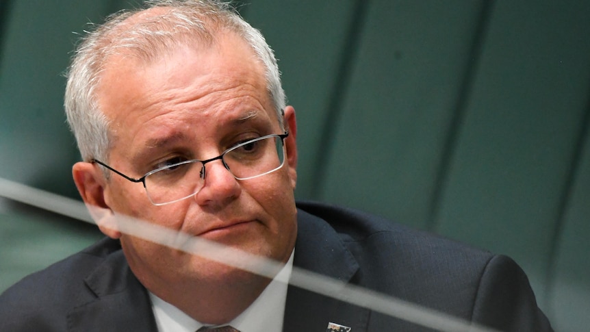 A close up of Scott Morrison reacting during House of Representatives Question Time
