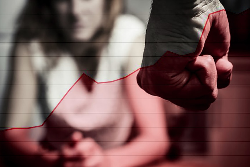 A fist in the foreground, and woman sitting in the background with a red chart superimposed over the top.