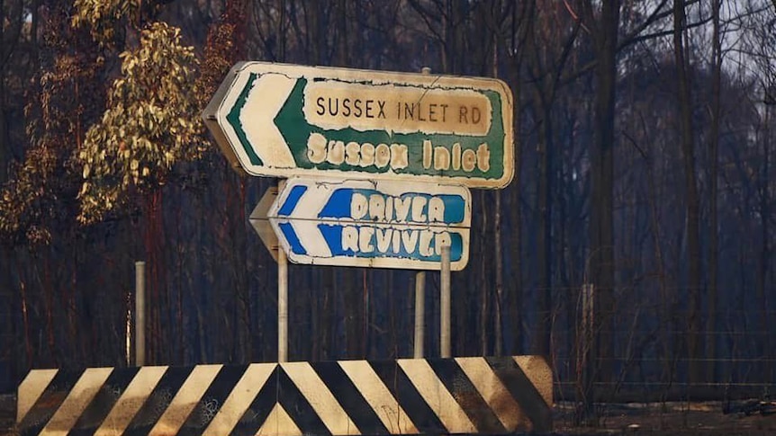 A road sign is blackened and melted with burnt trees behind it.