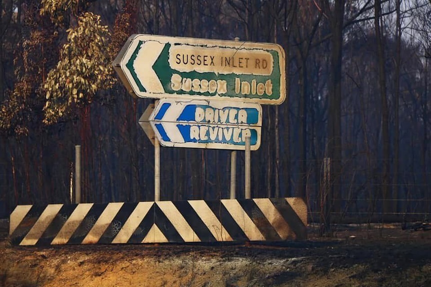 A road sign is blackened and melted with burnt trees behind it.