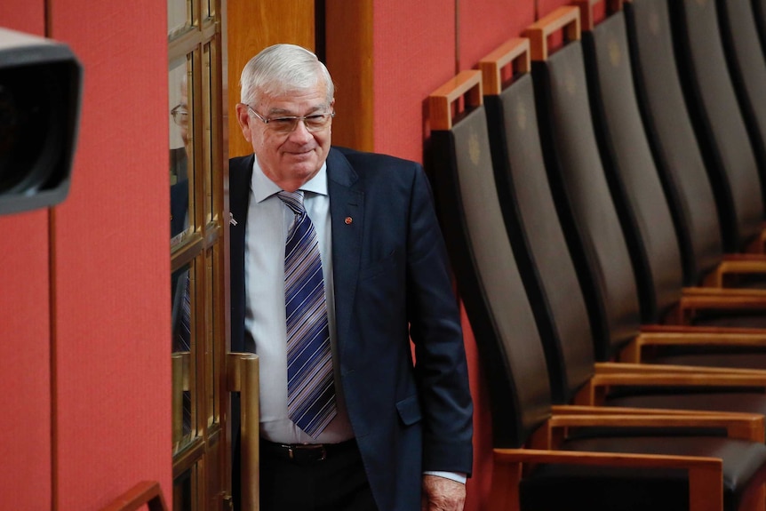 Brian Burston looks from the Senate doors towards the President's chair. He's wearing a blue suit and tie.