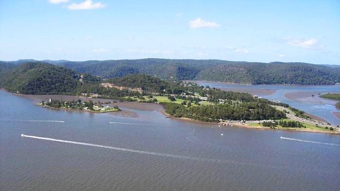 An aerial view of Peat Island as seen from the cliff tops in Muogamarra Nature Reserve.