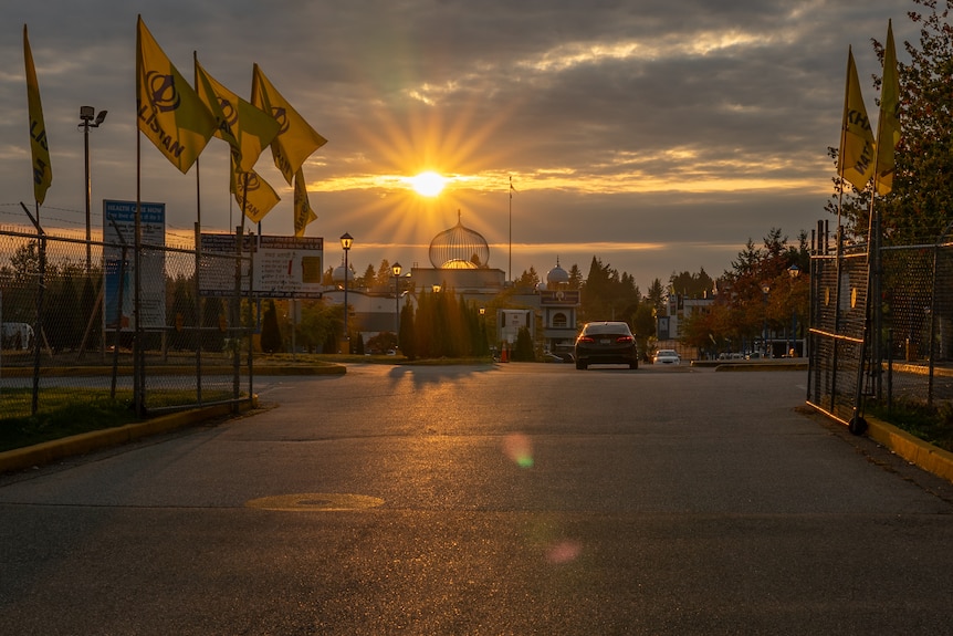 A yellow circle on a driveway, with yellow and blue flags next to it, and a setting sun in the background.
