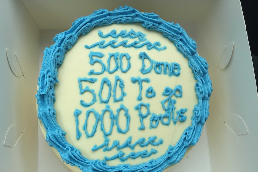 A white-iced cake decorated with frosting that says '500 done, 500 to go, 1,000 pools'.