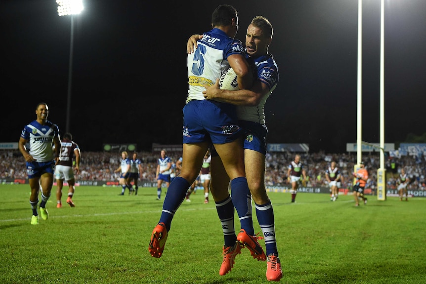 Sam Perrett celebrates try against Manly