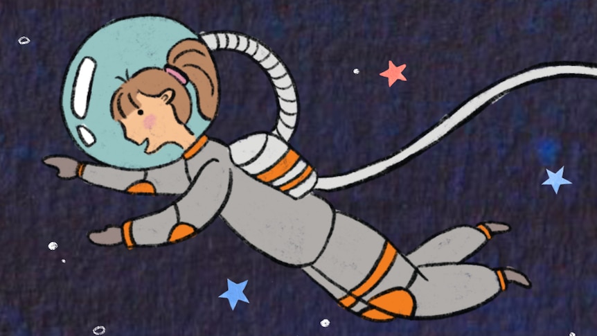 Illustration of a space girl, flying between her own planet and earth. A comic about life after an autism diagnosis.