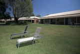 Two empty lounge chairs on a green lawn with apartments behind them. No people are in sight.