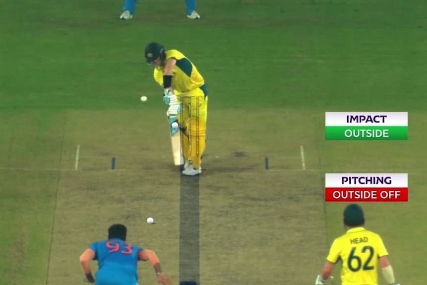 The TV feed showing the ball tracking of an LWB cricket decision, which was not out