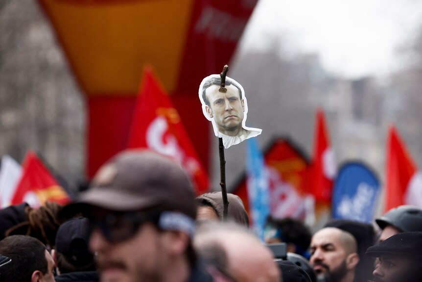 A crowd of people hold flags and a photo of the French president on a stick.