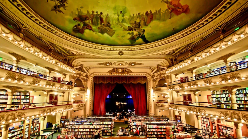 An old enormous theatre that's been transformed into a bookstore.
