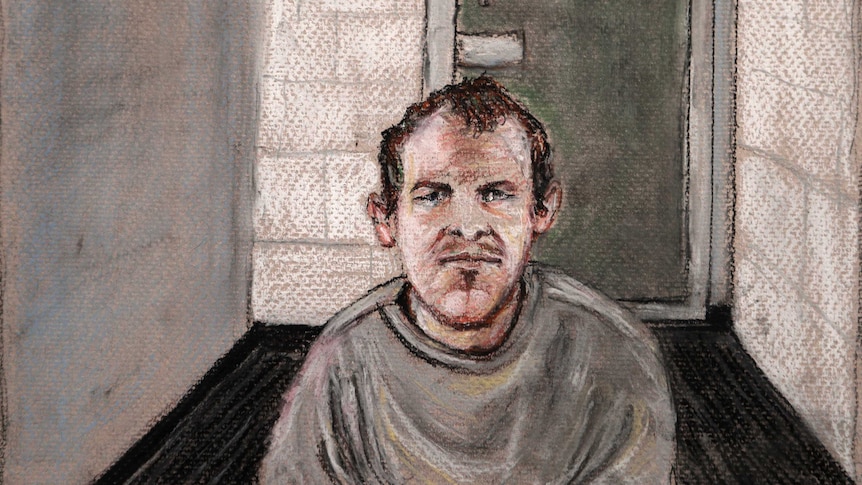 A court sketch of a man in a grey jumper in a cell