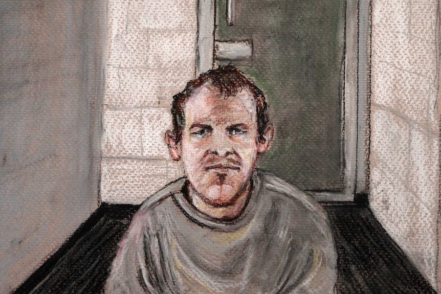 A court sketch of a man in a grey jumper in a cell
