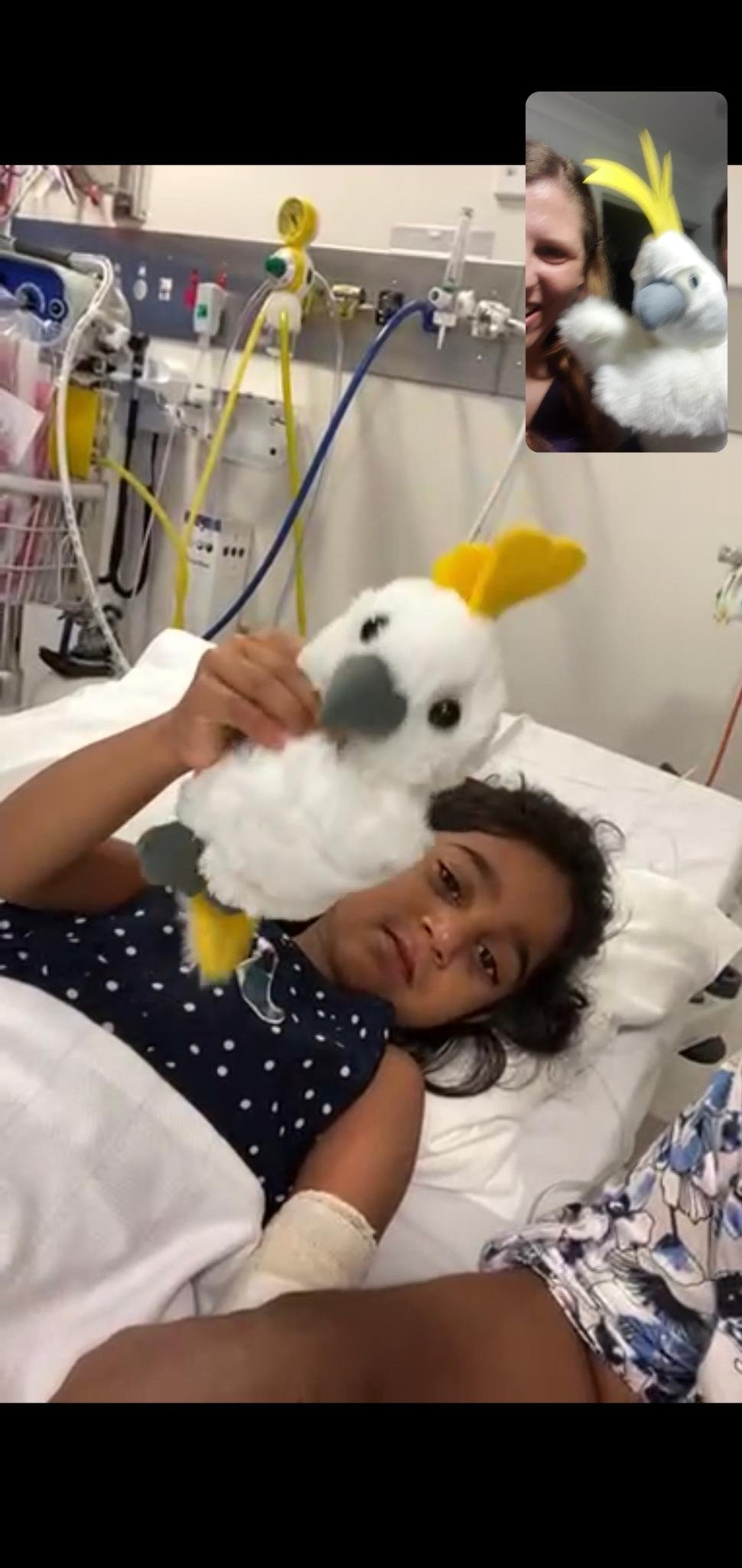 Tharnicaa holds up a stuffed toy while laying in a hospital bed.