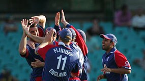 Victory at last ... England celebrate their first win over Australia this summer