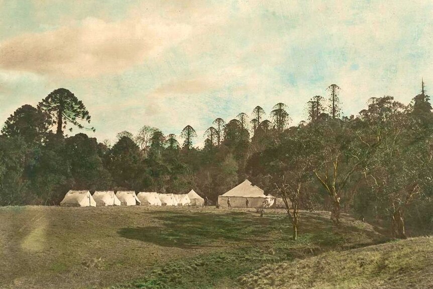 Historic photo showing Aboriginal tribes camping in the Bunya Mountains
