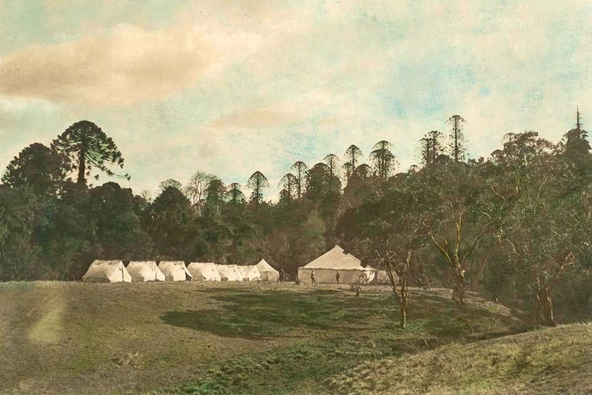 Historic photo showing Aboriginal tribes camping in the Bunya Mountains