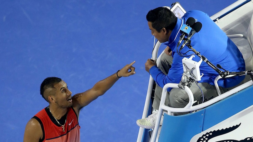 Heated exchange ... Nick Kyrgios argues with chair umpire James Keothavong