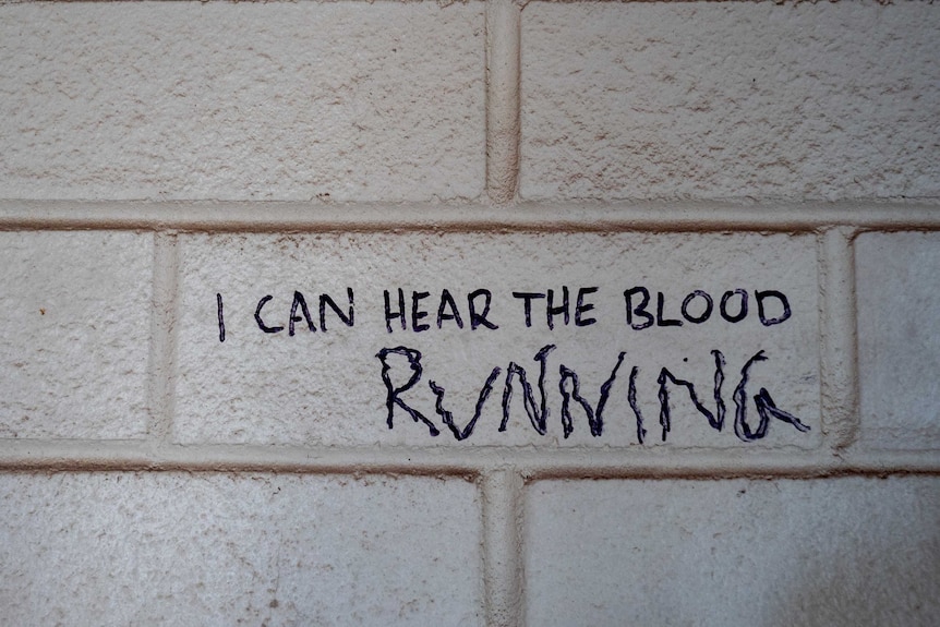 A white brick wall, someone has written 'I can hear the blood running' in black marker.