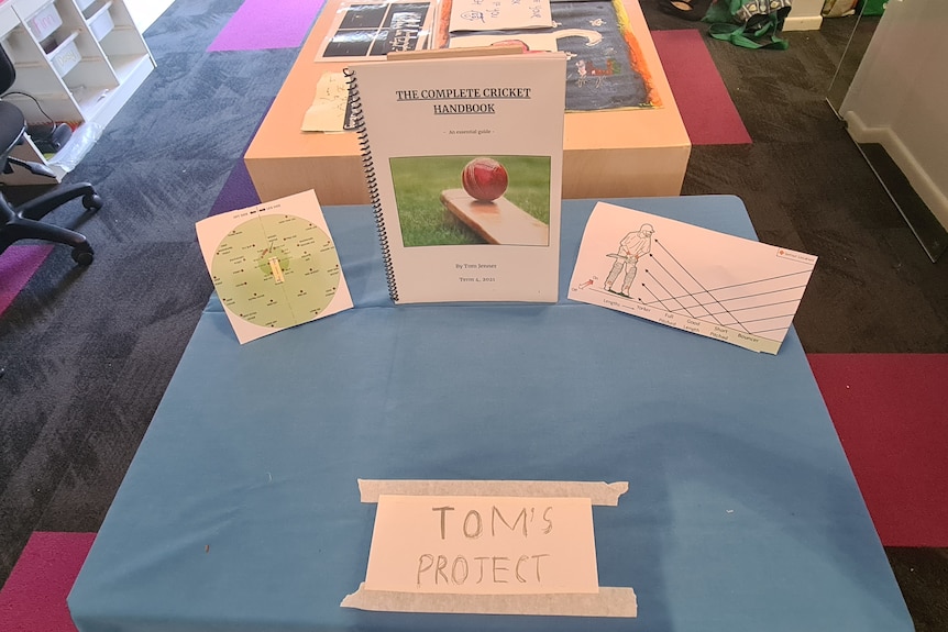A table with "Tom's project" on it, with a cricket handbook and some cricket diagrams.