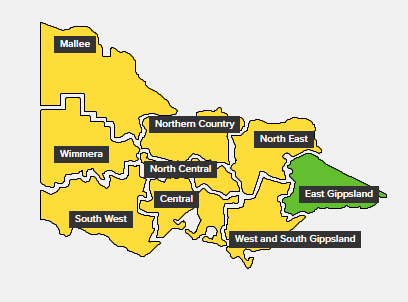 A map of Victoria showing every district as a 'high' fire danger rating except East Gippsland which is 'moderate'.
