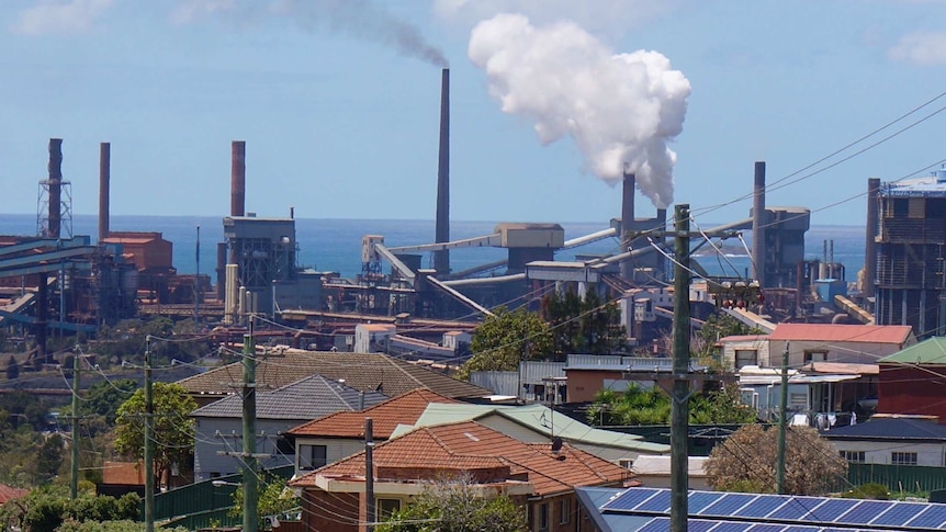 A steelworks looms behind a suburban housing area.